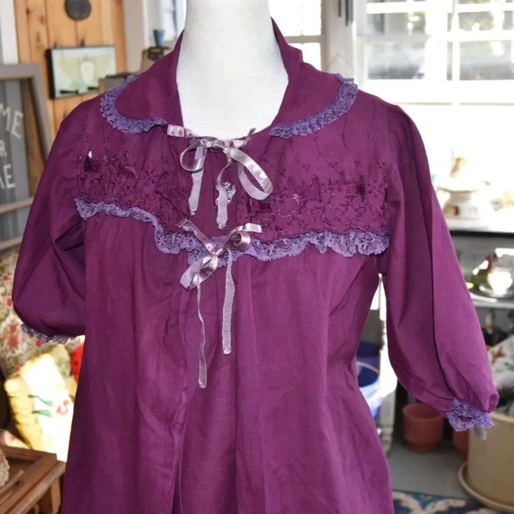 Vintage 40s 50s Sheer Plum Peignoir Set Lace Ribbon Mid Century Loungewear Med
